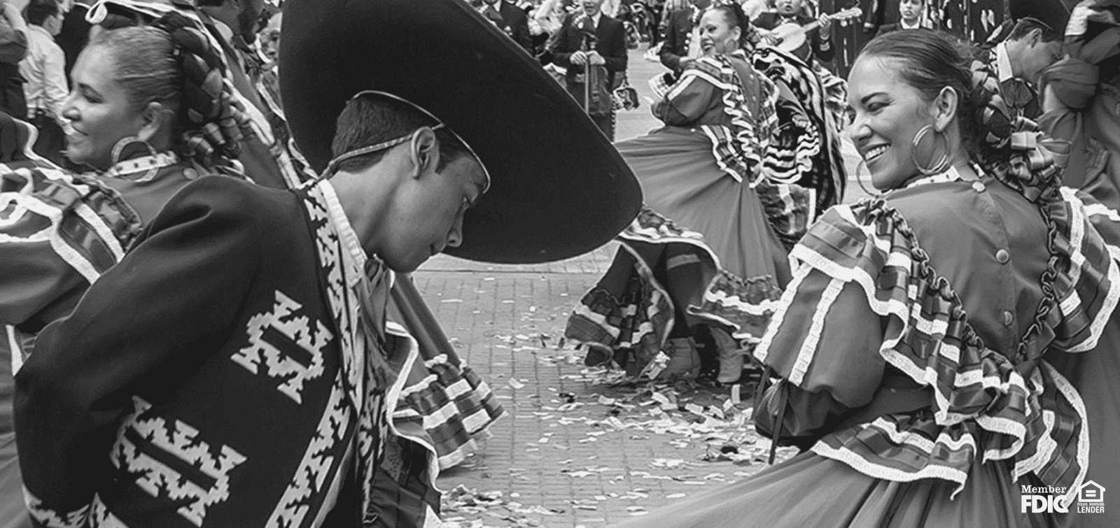 Hispanic heritage month image of traditionally dressed Hispanic dancers
